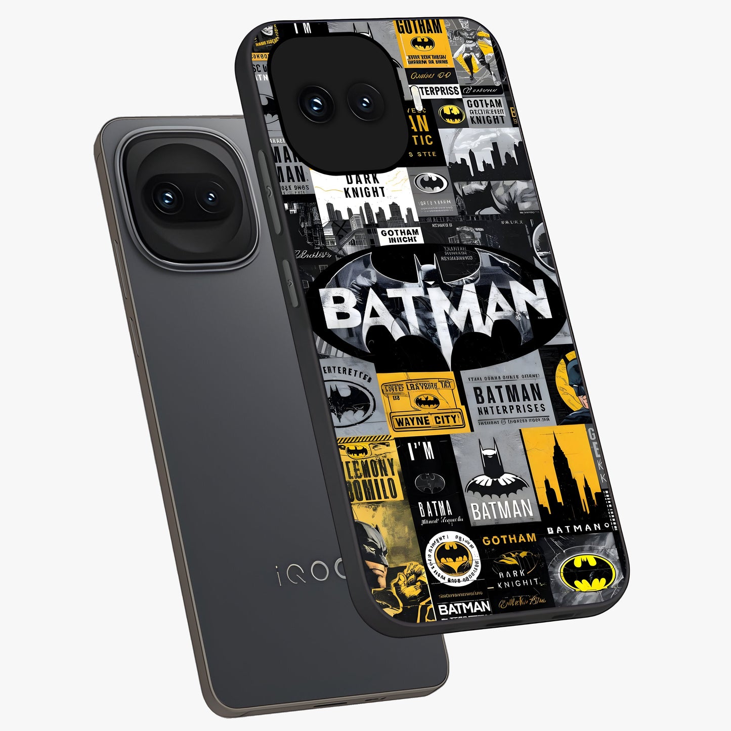 Knight Gotham Rise Glass Case displayed in angled mockup highlighting powerful knight silhouette design with dramatic aesthetic.