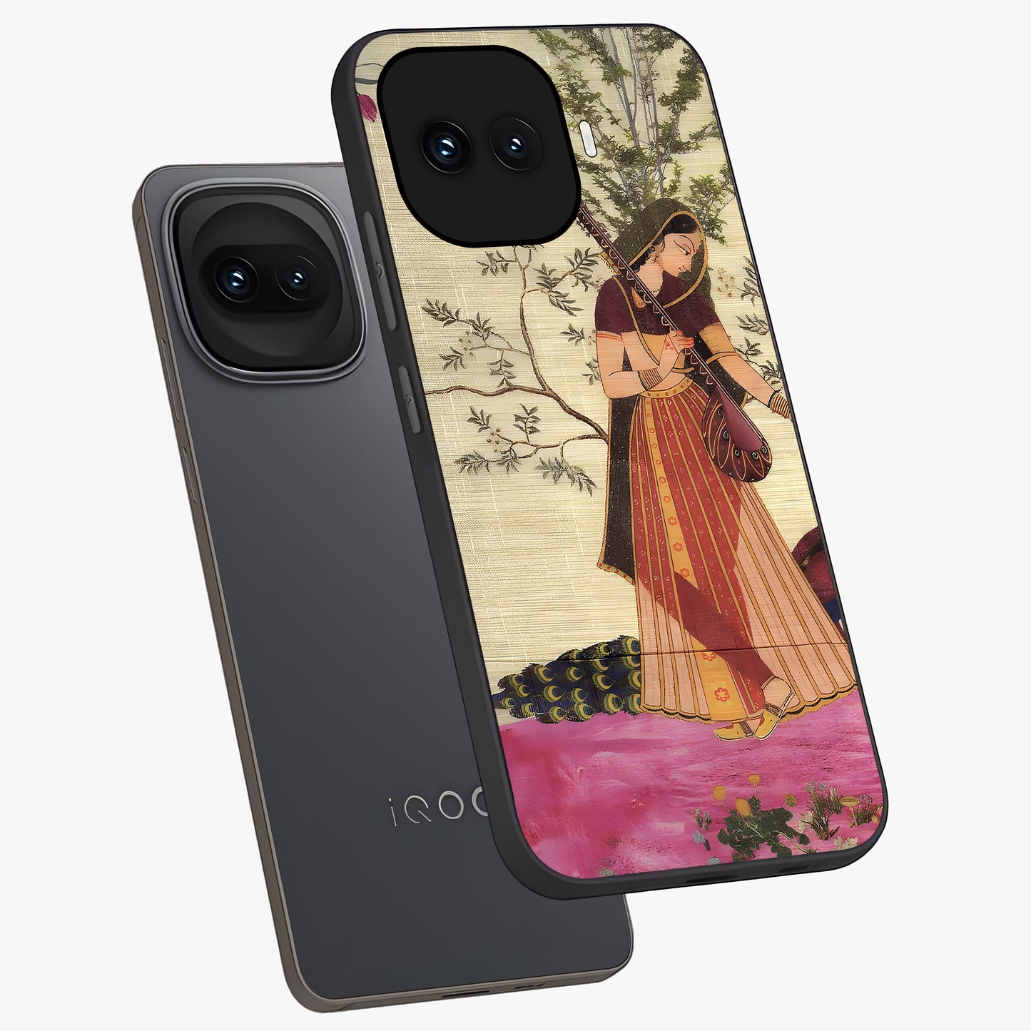 Lady With Veena Art Glass Case displayed in angled mockup highlighting graceful musical illustration with cultural artistic aesthetic.