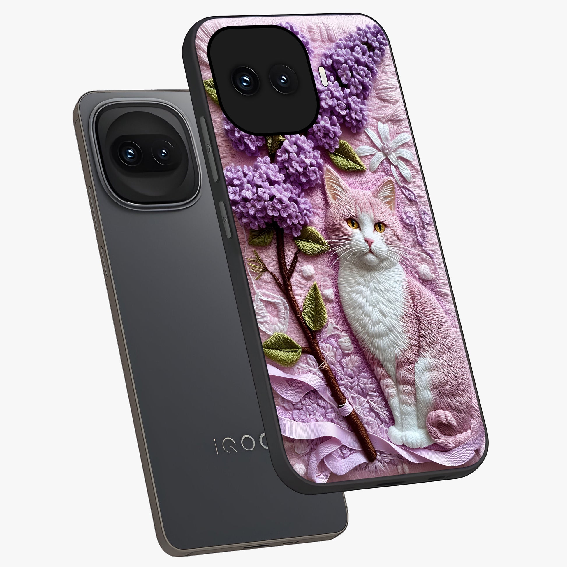 Lavender Cat Whimsy Glass Case displayed in angled mockup highlighting playful feline illustration with pastel lavender aesthetic.