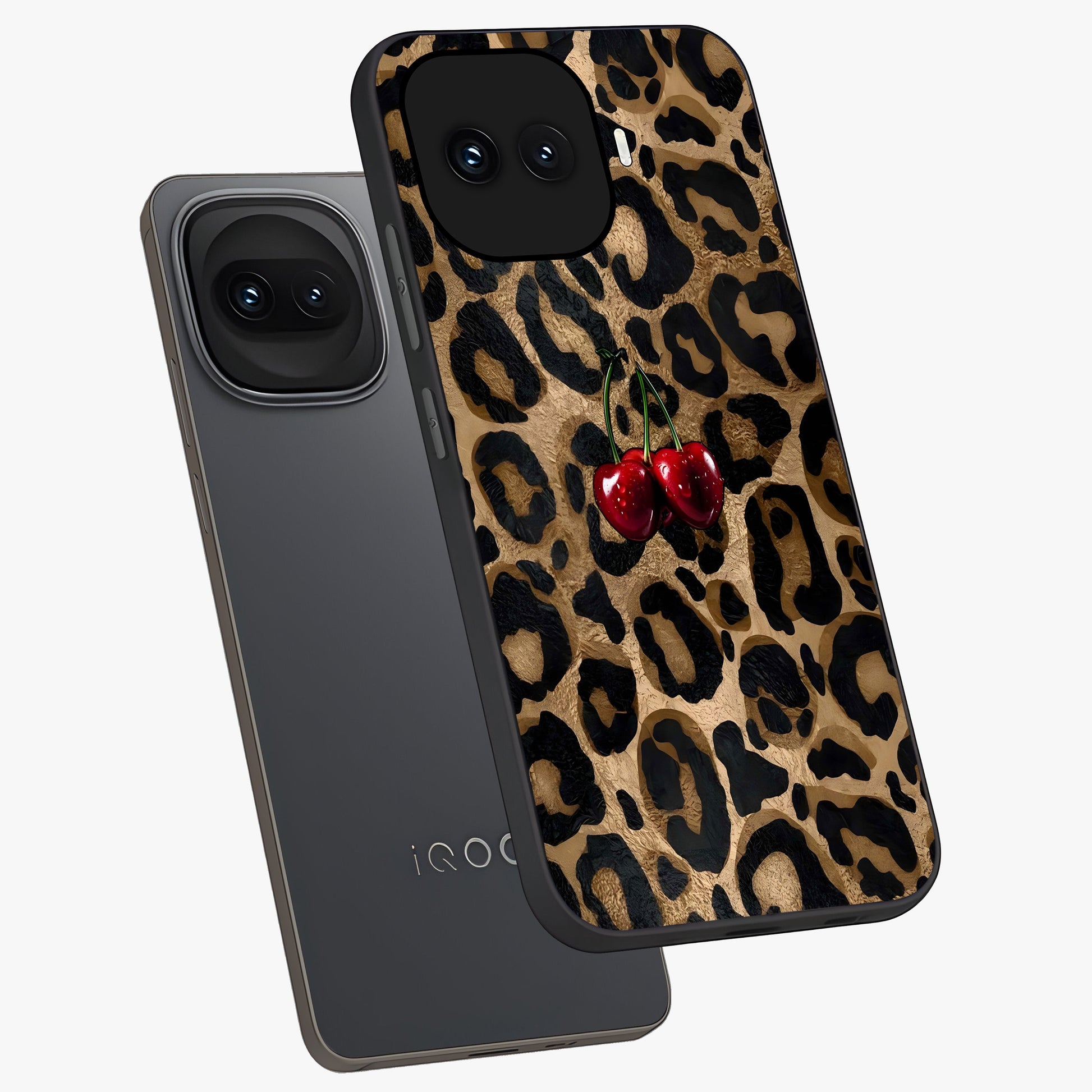 Leopard Wild Cherry Glass Case displayed in angled mockup highlighting bold animal print design with playful cherry aesthetic.