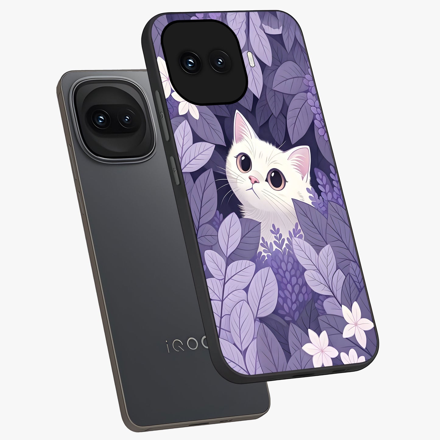 Lilac Hide Peek Cat Glass Case displayed in angled mockup highlighting playful feline illustration with lilac aesthetic design.
