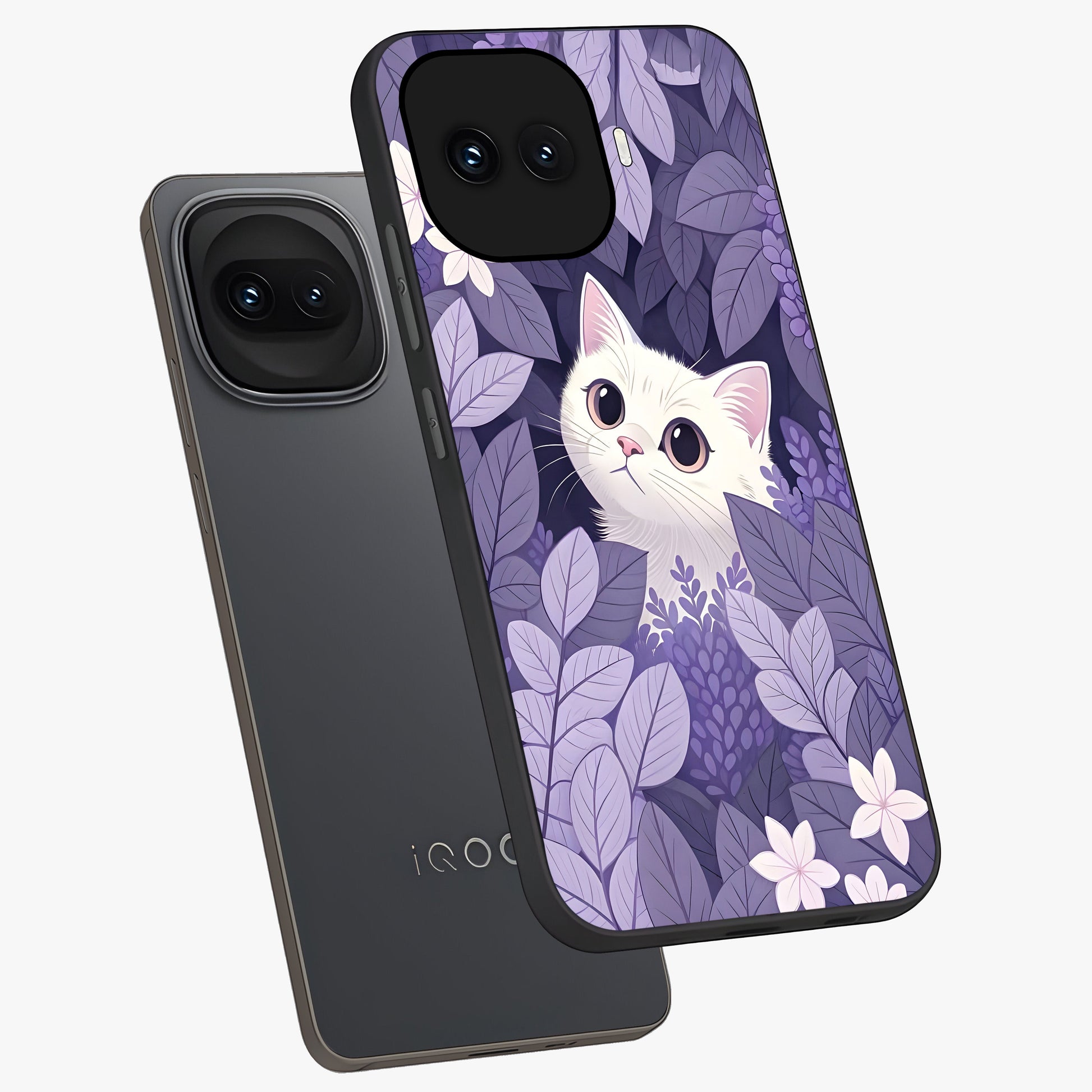 Lilac Hide Peek Cat Glass Case displayed in angled mockup highlighting playful feline illustration with lilac aesthetic design.