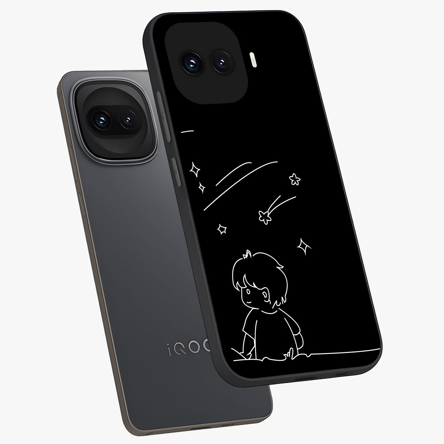 Line Art Boy With Shooting Stars Glass Case displayed in angled mockup highlighting elegant line art design with dreamy star aesthetic.