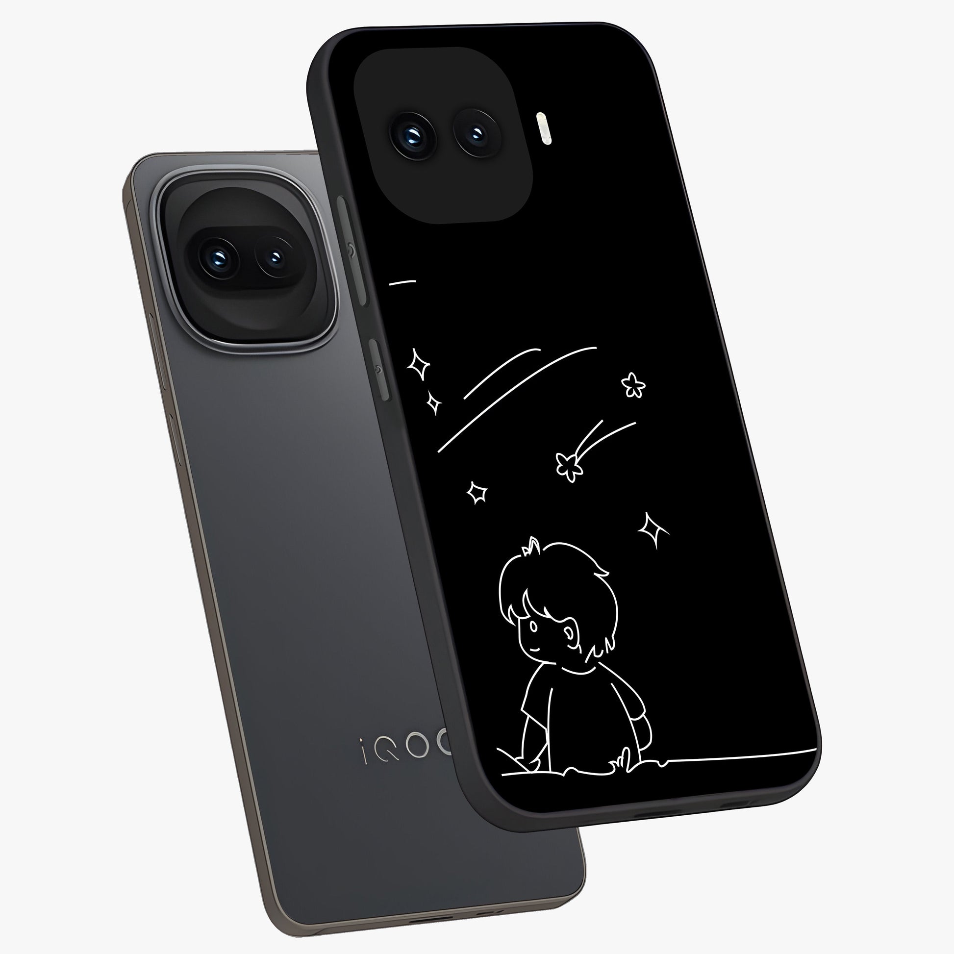 Line Art Boy With Shooting Stars Glass Case displayed in angled mockup highlighting elegant line art design with dreamy star aesthetic.