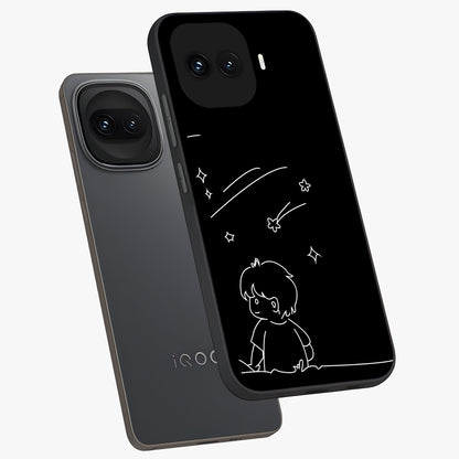 Line Art Boy With Shooting Stars Glass Case displayed in angled mockup highlighting elegant line art design with dreamy star aesthetic.