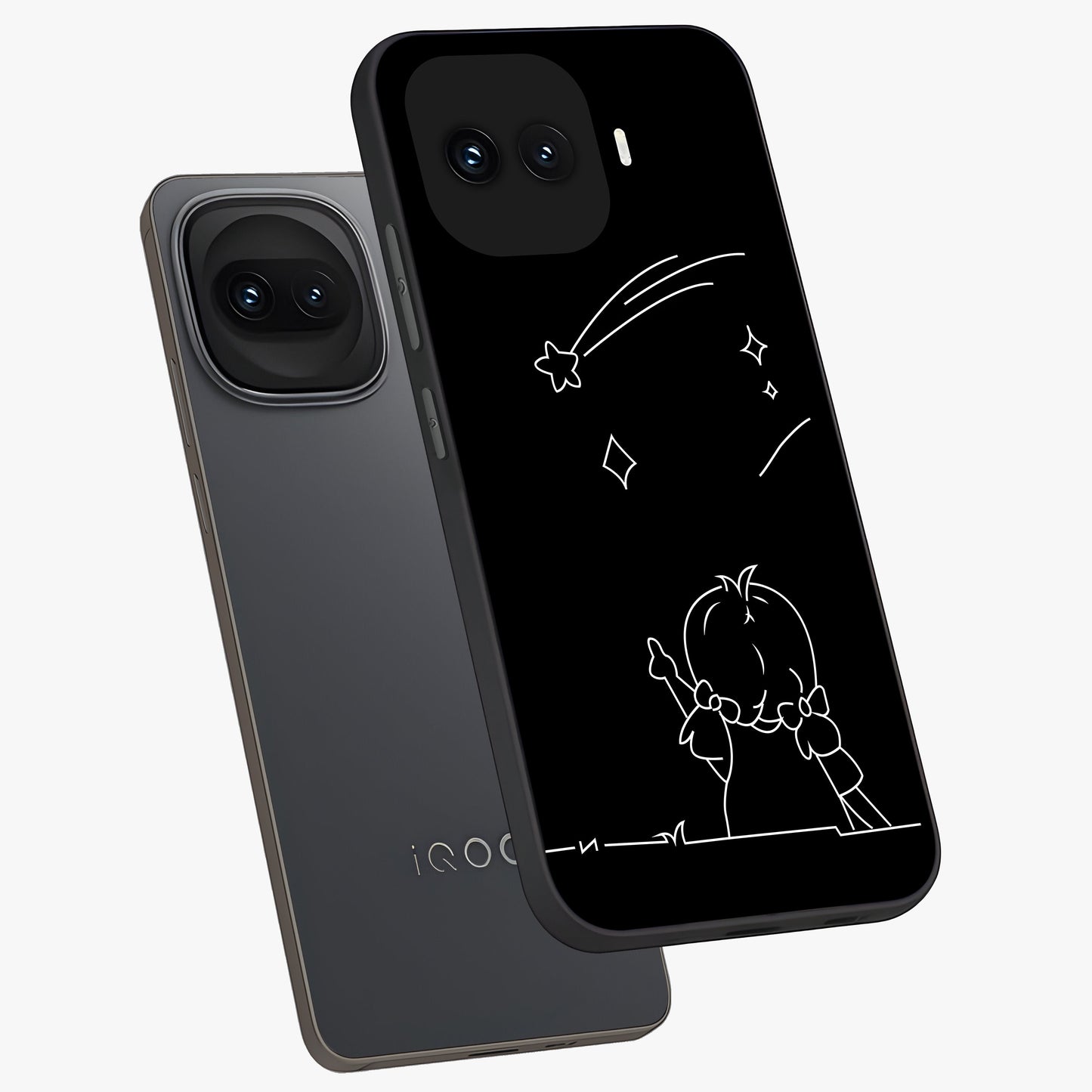 Line Art Girl With Shooting Stars Glass Case displayed in angled mockup highlighting elegant line art design with dreamy star aesthetic.