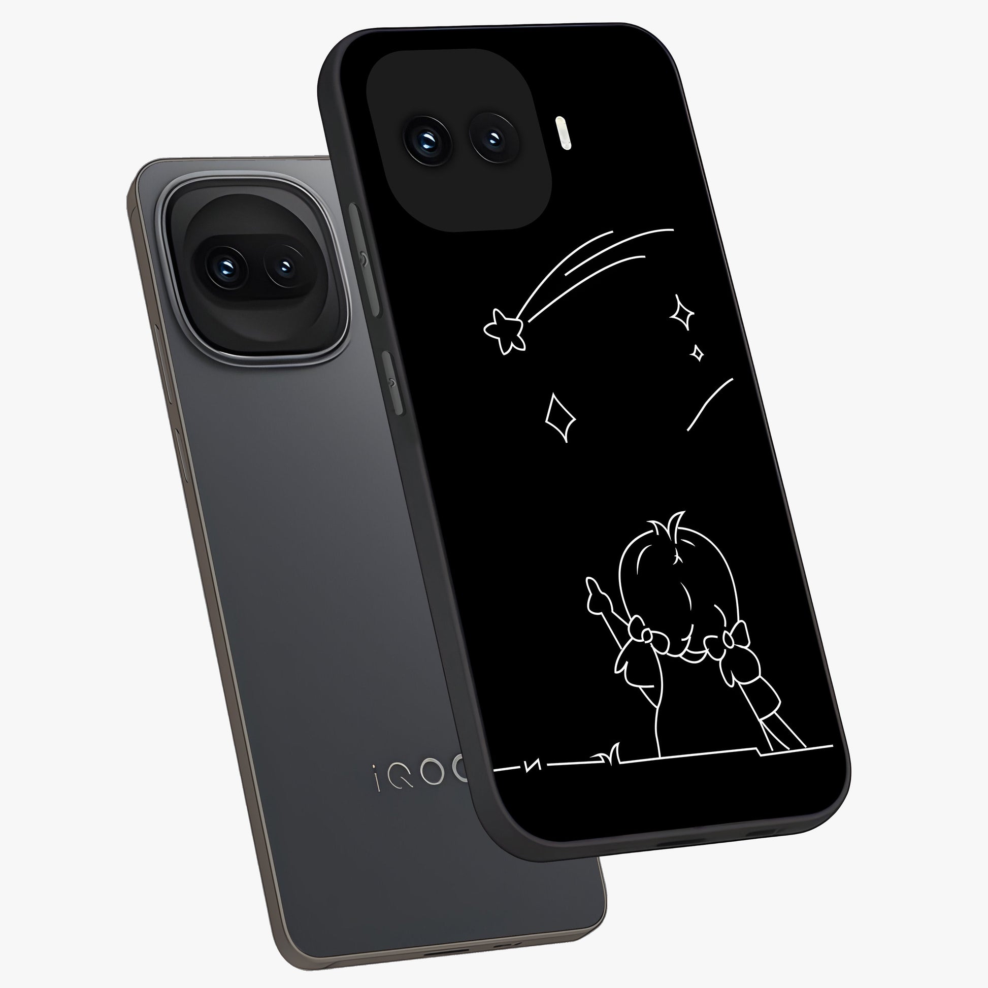 Line Art Girl With Shooting Stars Glass Case displayed in angled mockup highlighting elegant line art design with dreamy star aesthetic.