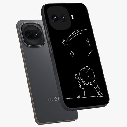Line Art Girl With Shooting Stars Glass Case displayed in angled mockup highlighting elegant line art design with dreamy star aesthetic.