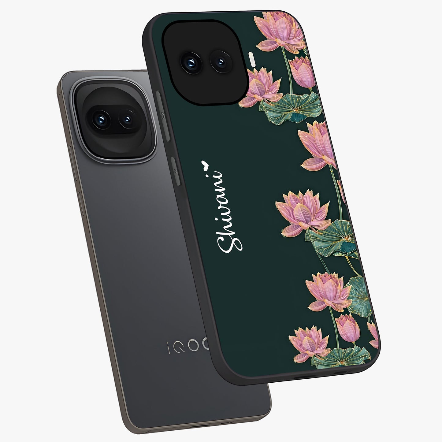 Lotus Bloom Serenity Custom Name Glass Case displayed in angled mockup highlighting graceful lotus illustration with custom name feature.