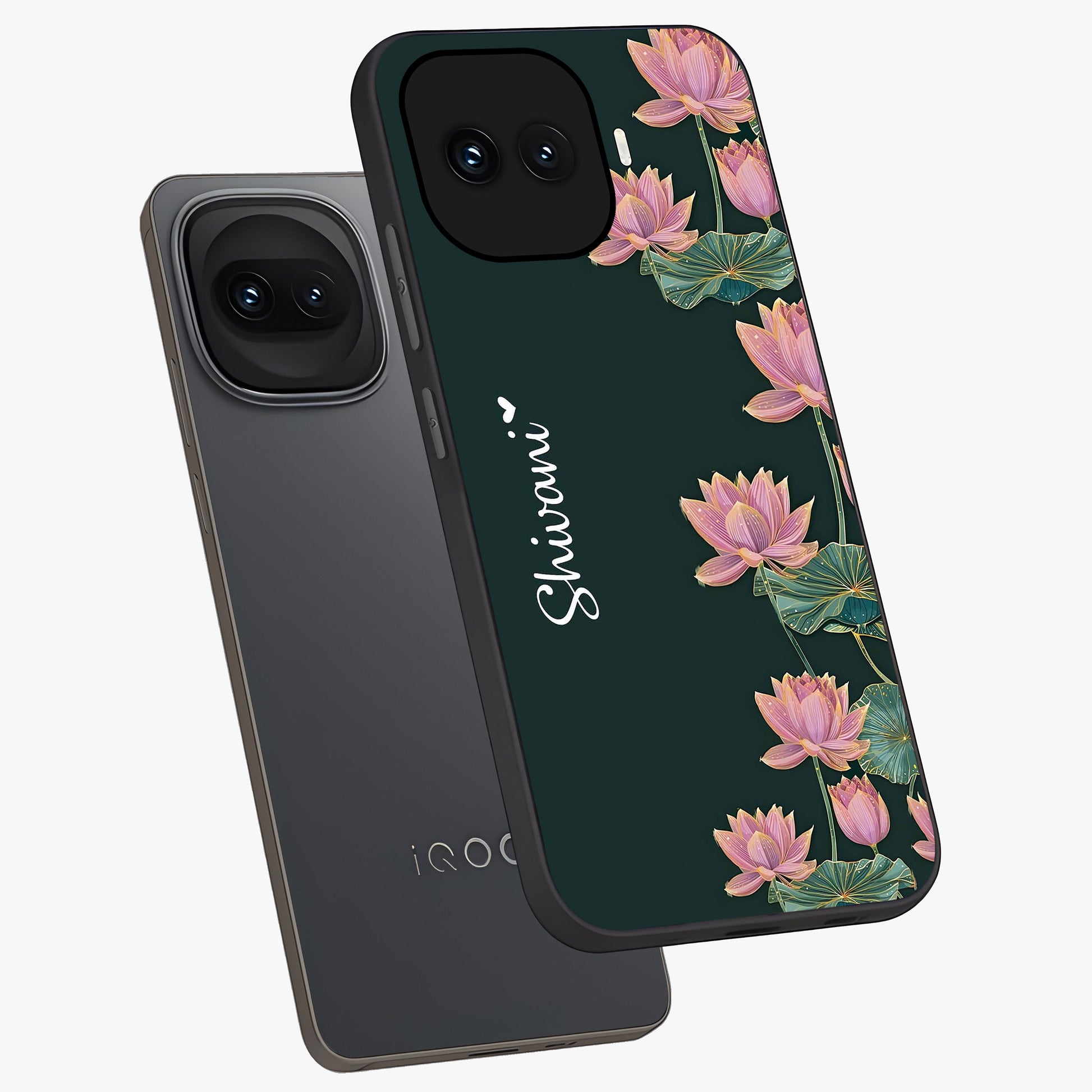 Lotus Bloom Serenity Custom Name Glass Case displayed in angled mockup highlighting graceful lotus illustration with custom name feature.