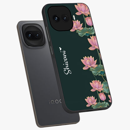Lotus Bloom Serenity Custom Name Glass Case displayed in angled mockup highlighting graceful lotus illustration with custom name feature.
