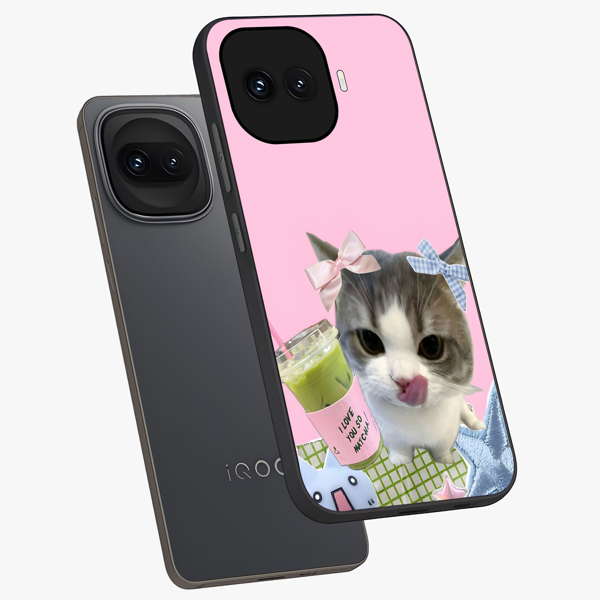 Love Matcha Cat Glass Case displayed in angled mockup highlighting playful feline illustration with cozy matcha aesthetic.