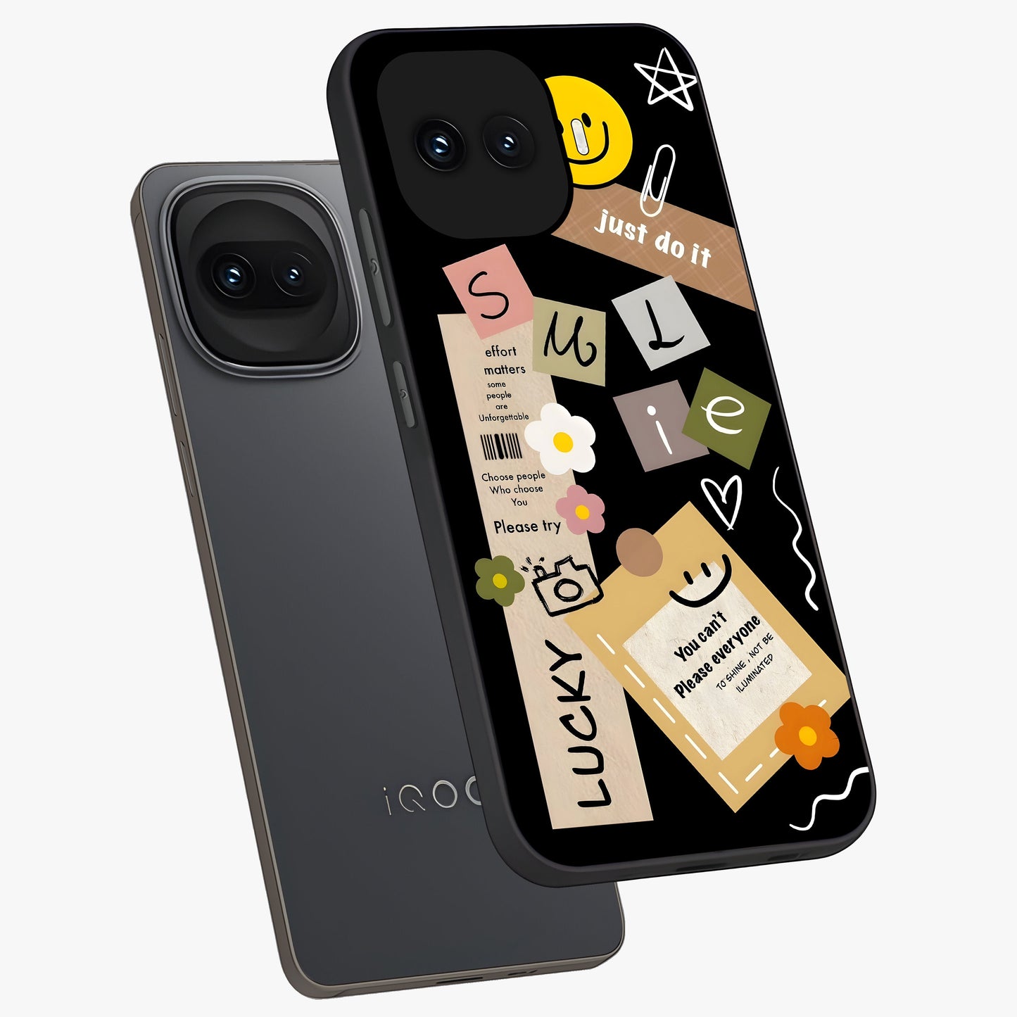 Lucky Aesthetic Collage Glass Case displayed in angled mockup highlighting stylish collage pattern with modern aesthetic vibe.