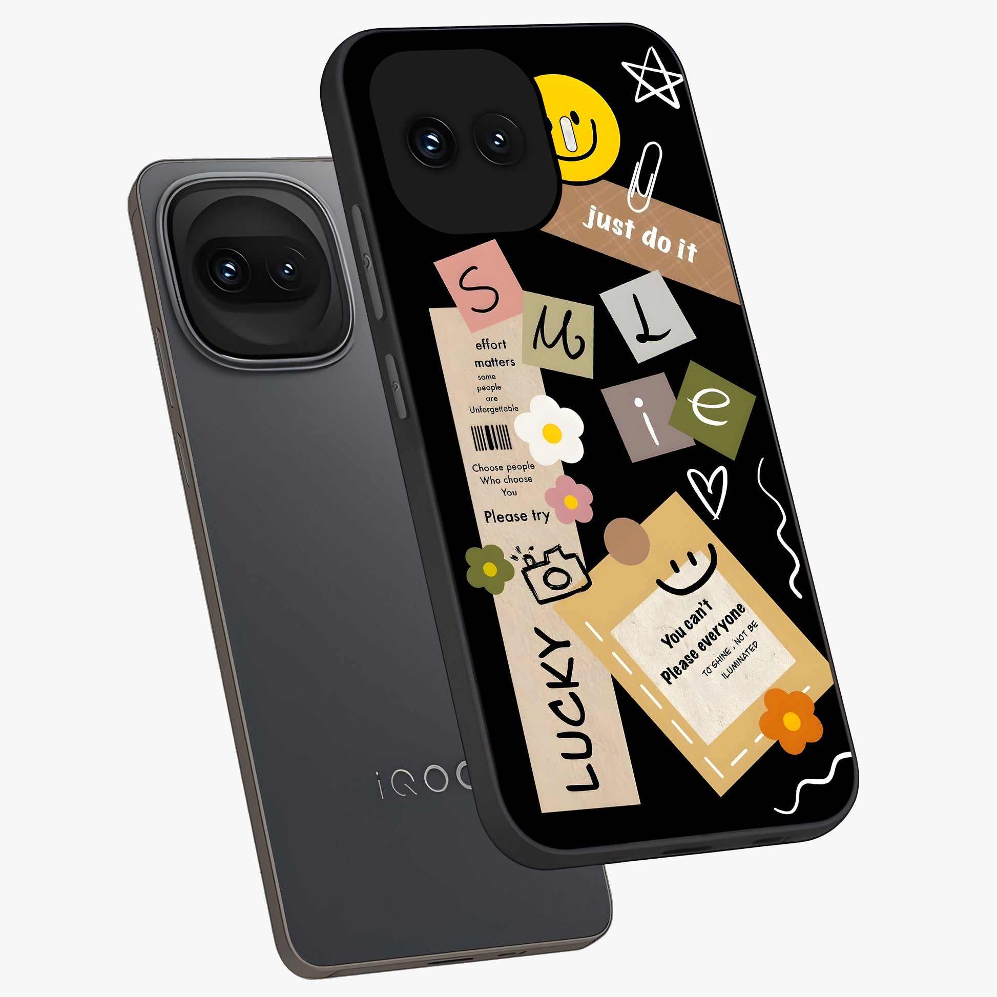 Lucky Aesthetic Collage Glass Case displayed in angled mockup highlighting stylish collage pattern with modern aesthetic vibe.