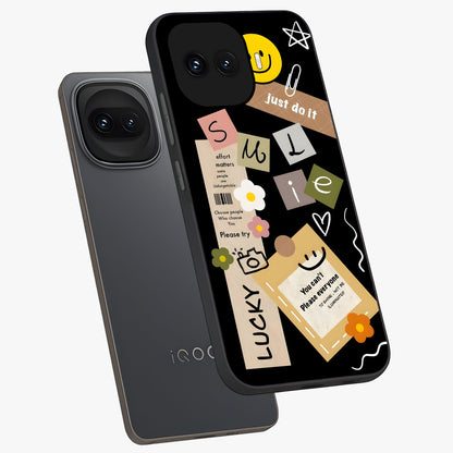 Lucky Aesthetic Collage Glass Case displayed in angled mockup highlighting stylish collage pattern with modern aesthetic vibe.