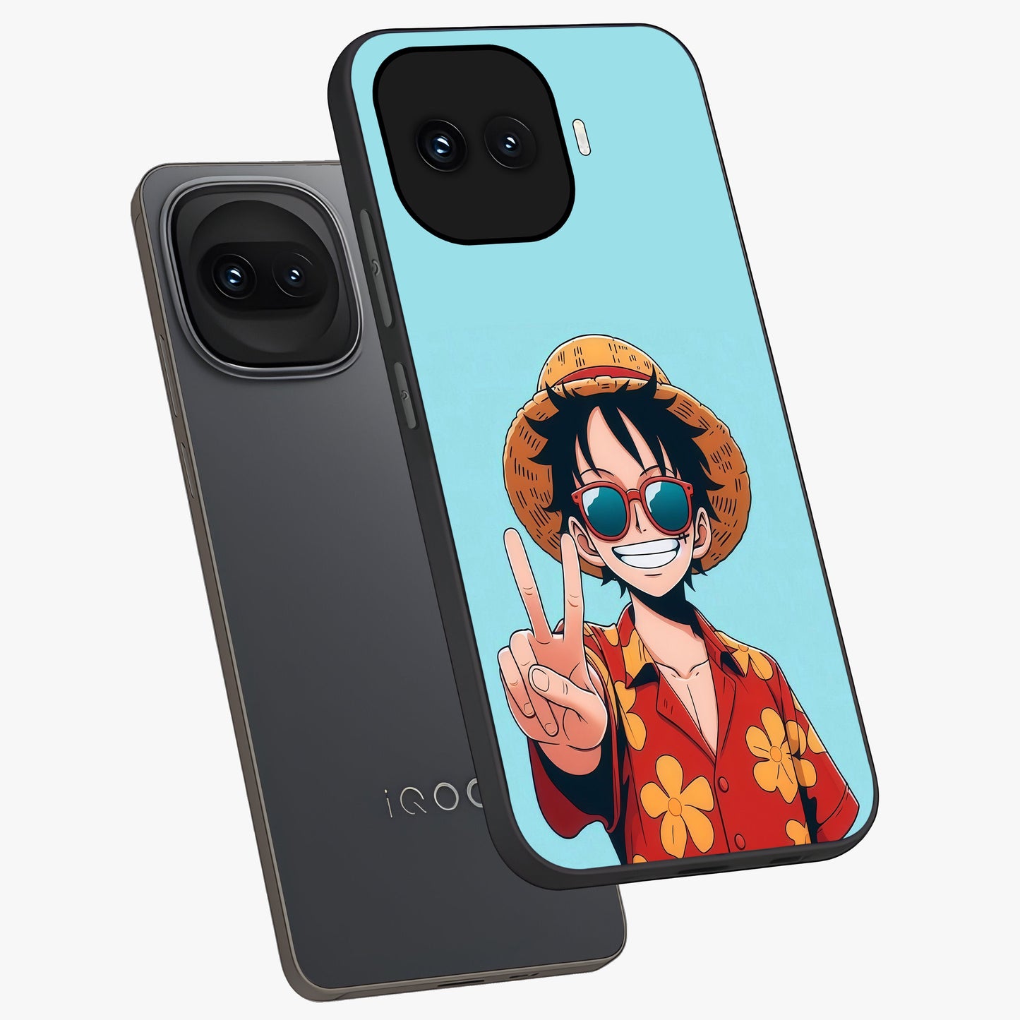 Luffy Summer Anime Vibe Glass Case displayed in angled mockup highlighting energetic anime illustration with summer vibe aesthetic.