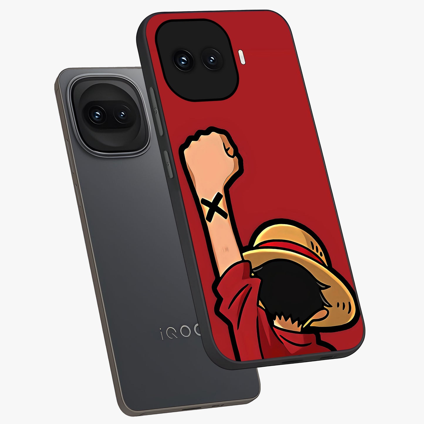 Luffy X Spirit Glass Case displayed in angled mockup highlighting powerful anime design with energetic action aesthetic.