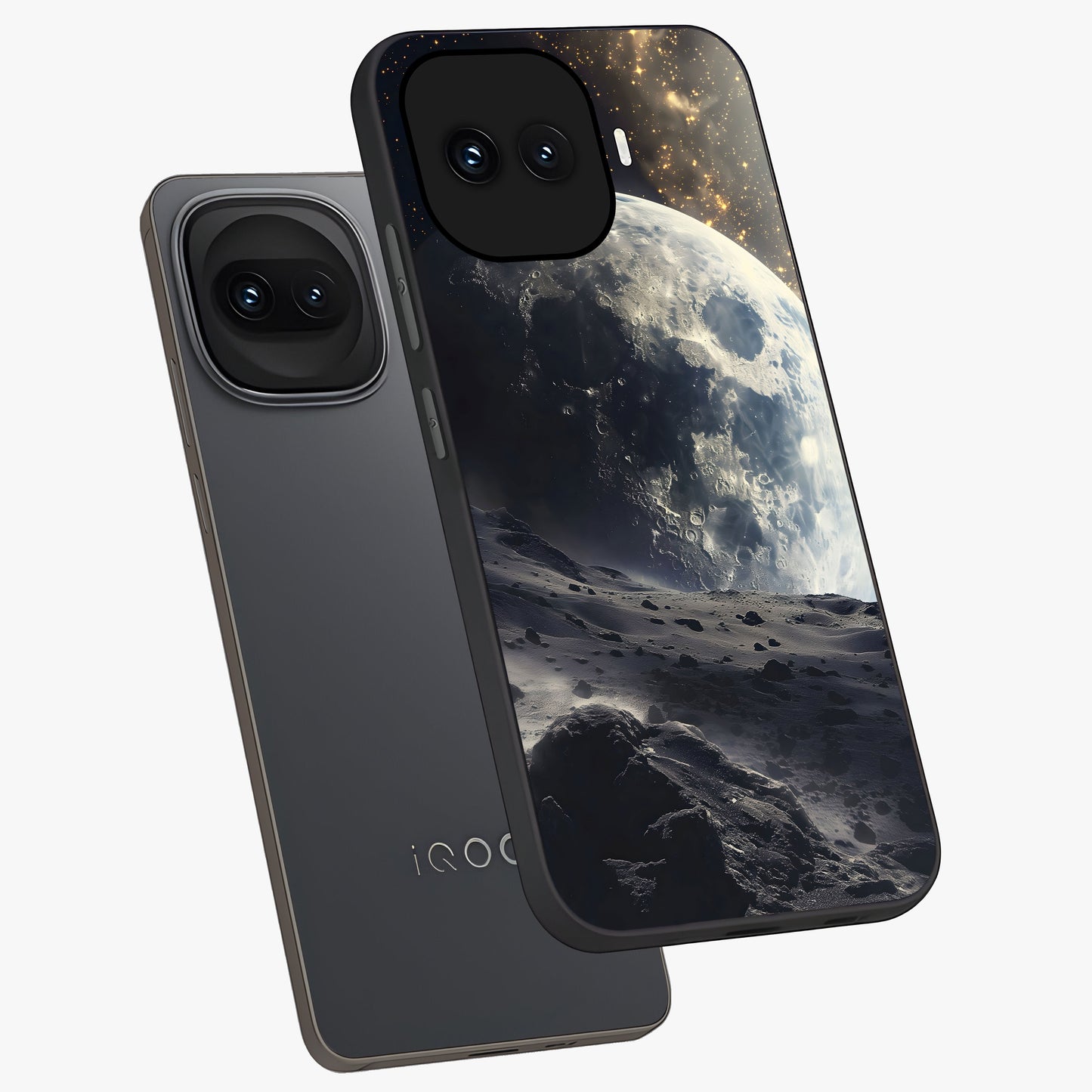 Lunar Horizon Glow Glass Case displayed in angled mockup highlighting celestial moon design with dreamy night aesthetic.