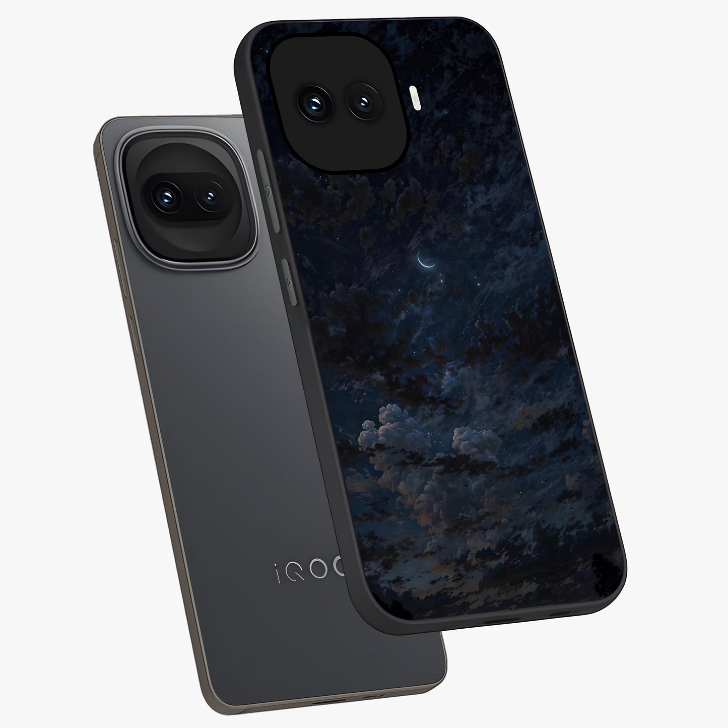 Lunar Veil Silence Glass Case displayed in angled mockup highlighting soft lunar design with peaceful celestial aesthetic.