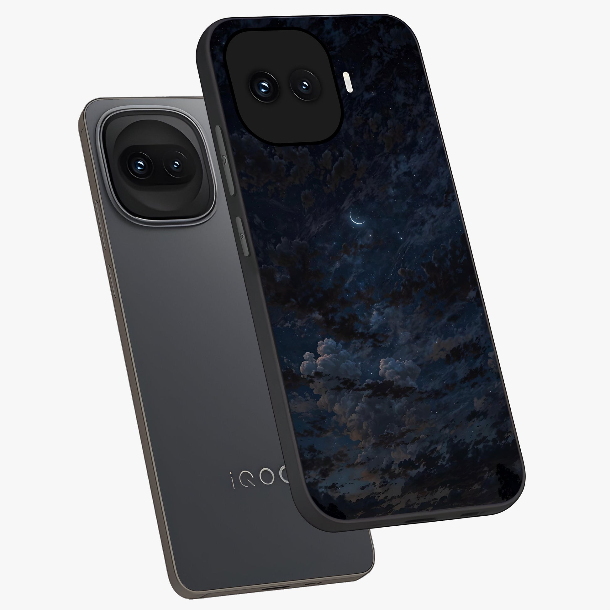 Lunar Veil Silence Glass Case displayed in angled mockup highlighting soft lunar design with peaceful celestial aesthetic.