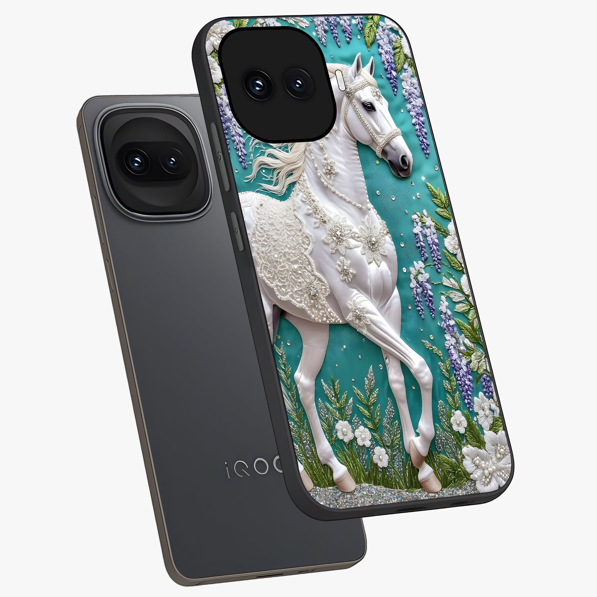 Majestic Floral Stallion Glass Case displayed in angled mockup highlighting majestic stallion illustration with elegant floral aesthetic.