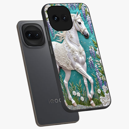 Majestic Floral Stallion Glass Case displayed in angled mockup highlighting majestic stallion illustration with elegant floral aesthetic.