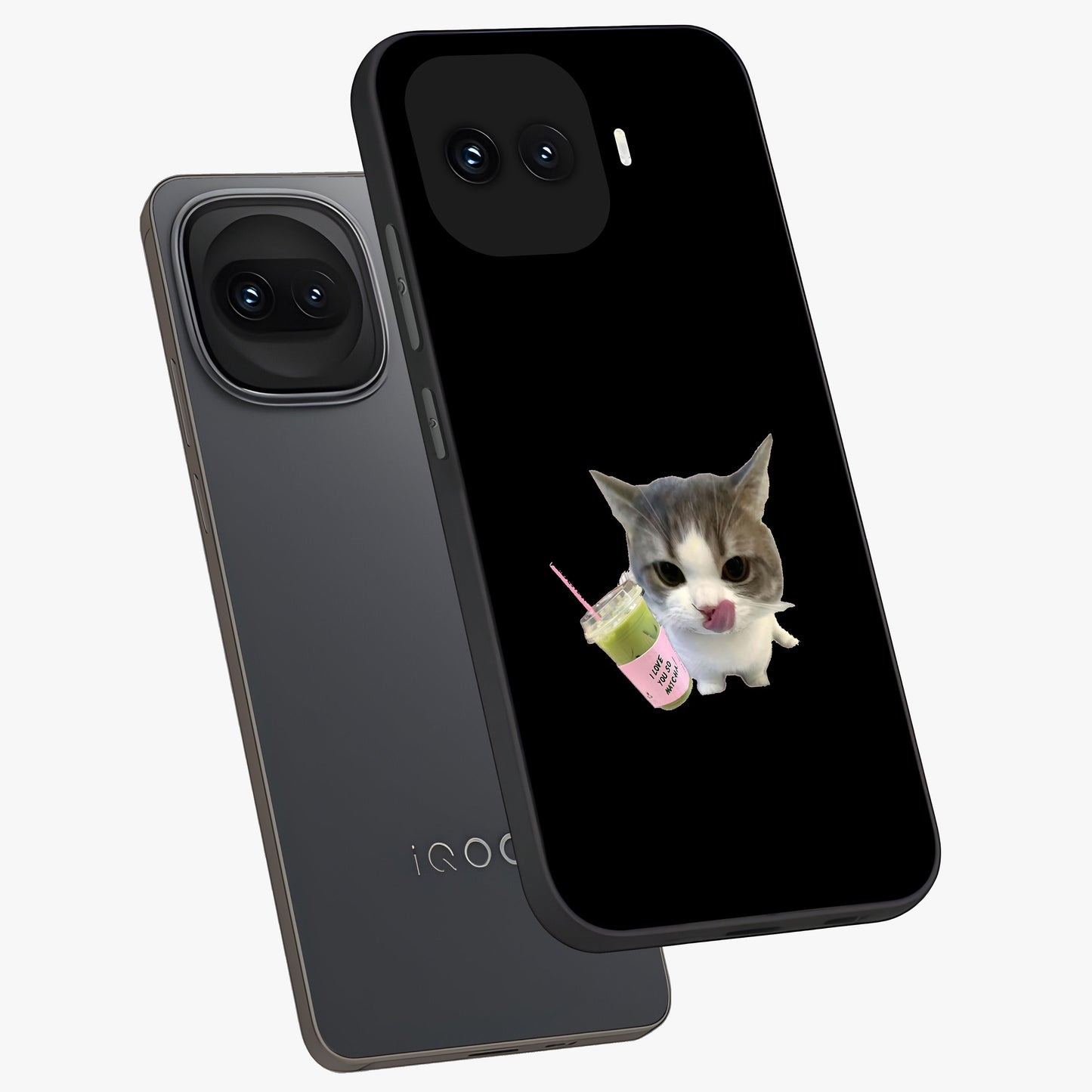 Matcha Cat Style Glass Case displayed in angled mockup highlighting playful feline design with pastel matcha aesthetic.