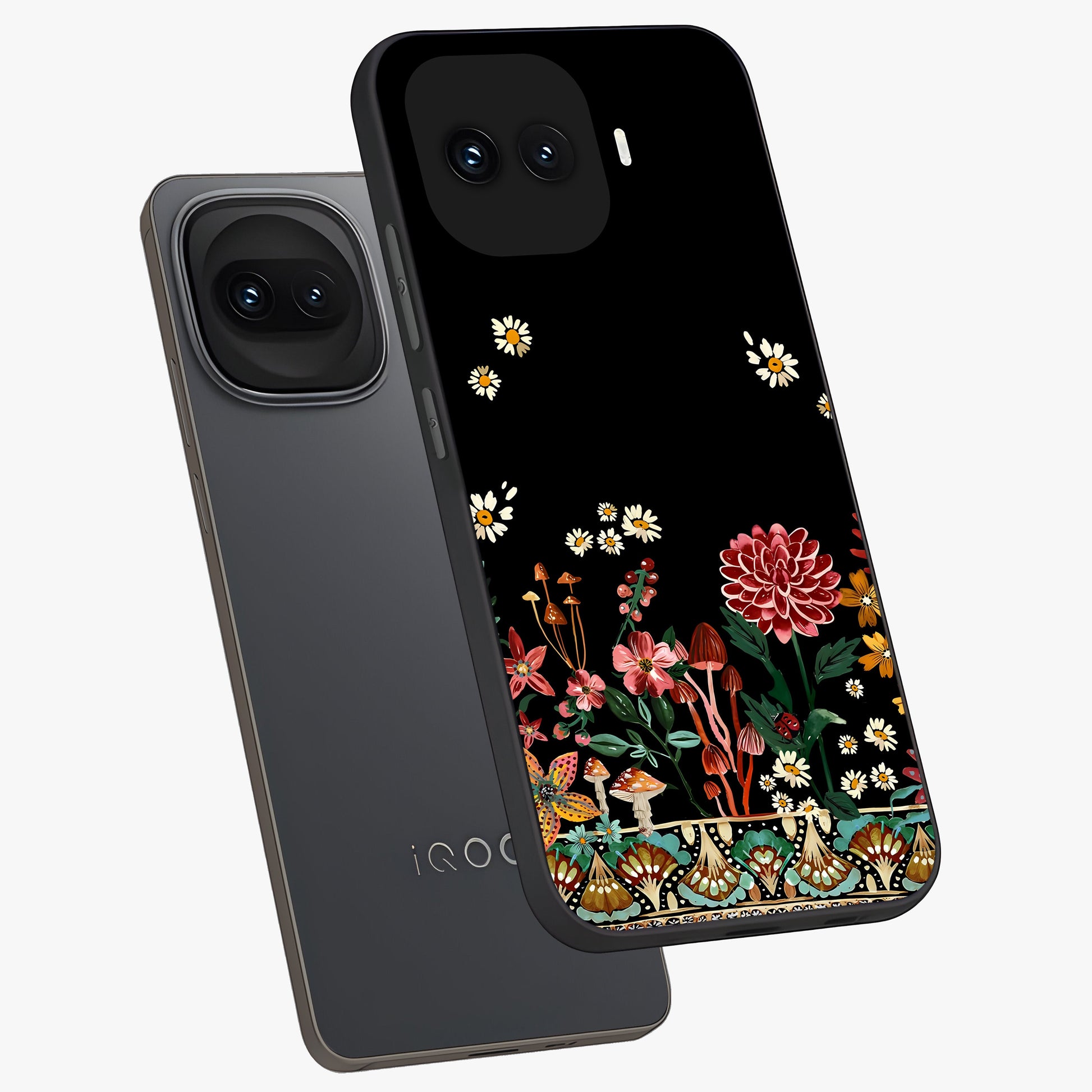 Midnight Bloom Pattern Glass Case displayed in angled mockup highlighting elegant flower design with midnight aesthetic style.