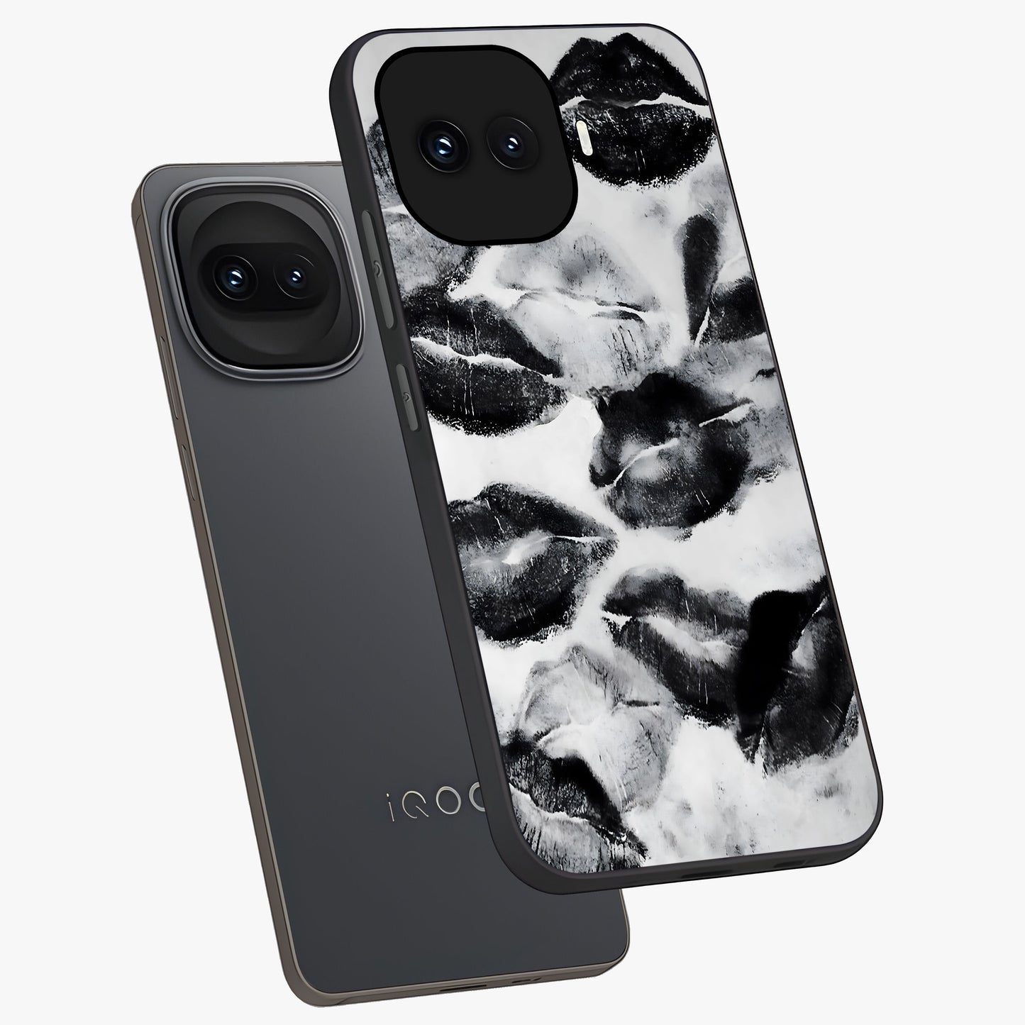 Midnight Kiss Marks Glass Case displayed in angled mockup highlighting playful romantic design with bold midnight aesthetic.