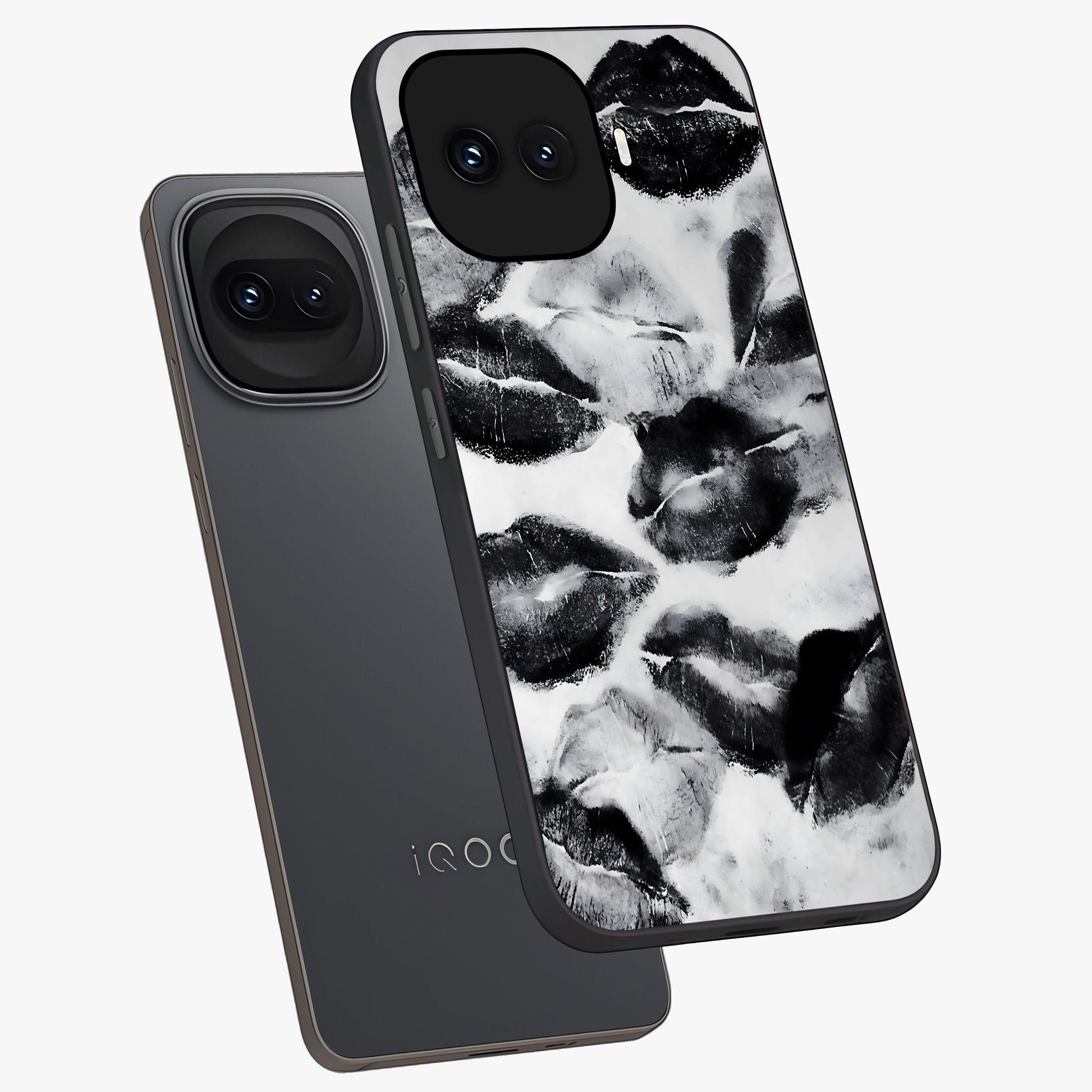 Midnight Kiss Marks Glass Case displayed in angled mockup highlighting playful romantic design with bold midnight aesthetic.