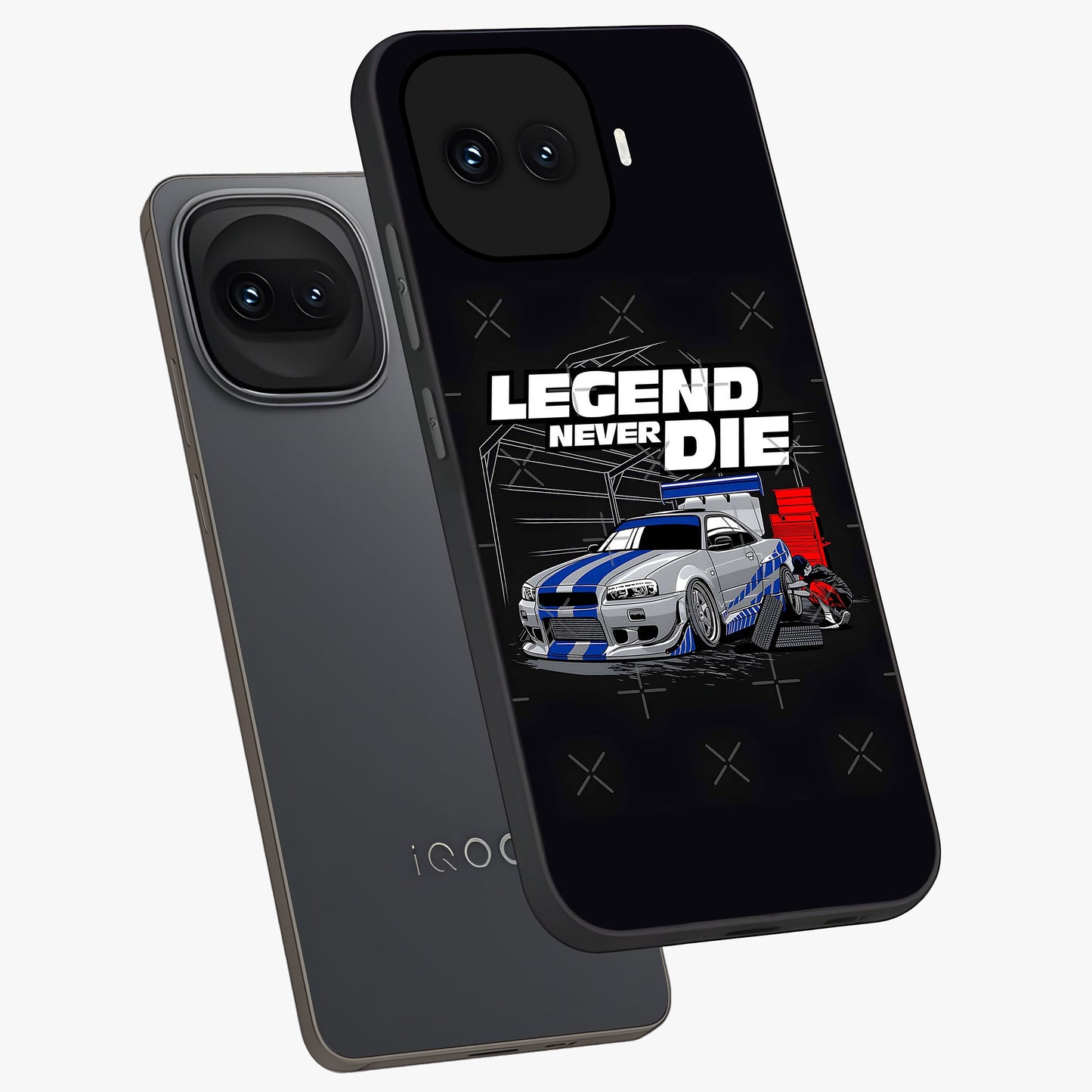 Midnight Racing Legacy Glass Case displayed in angled mockup highlighting dynamic automotive design with bold midnight aesthetic.