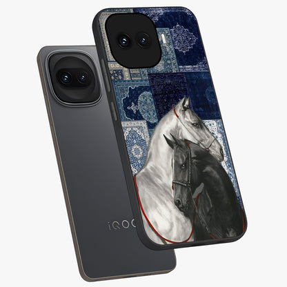 Midnight Stallion Blues Glass Case displayed in angled mockup highlighting powerful stallion illustration with deep midnight tones.