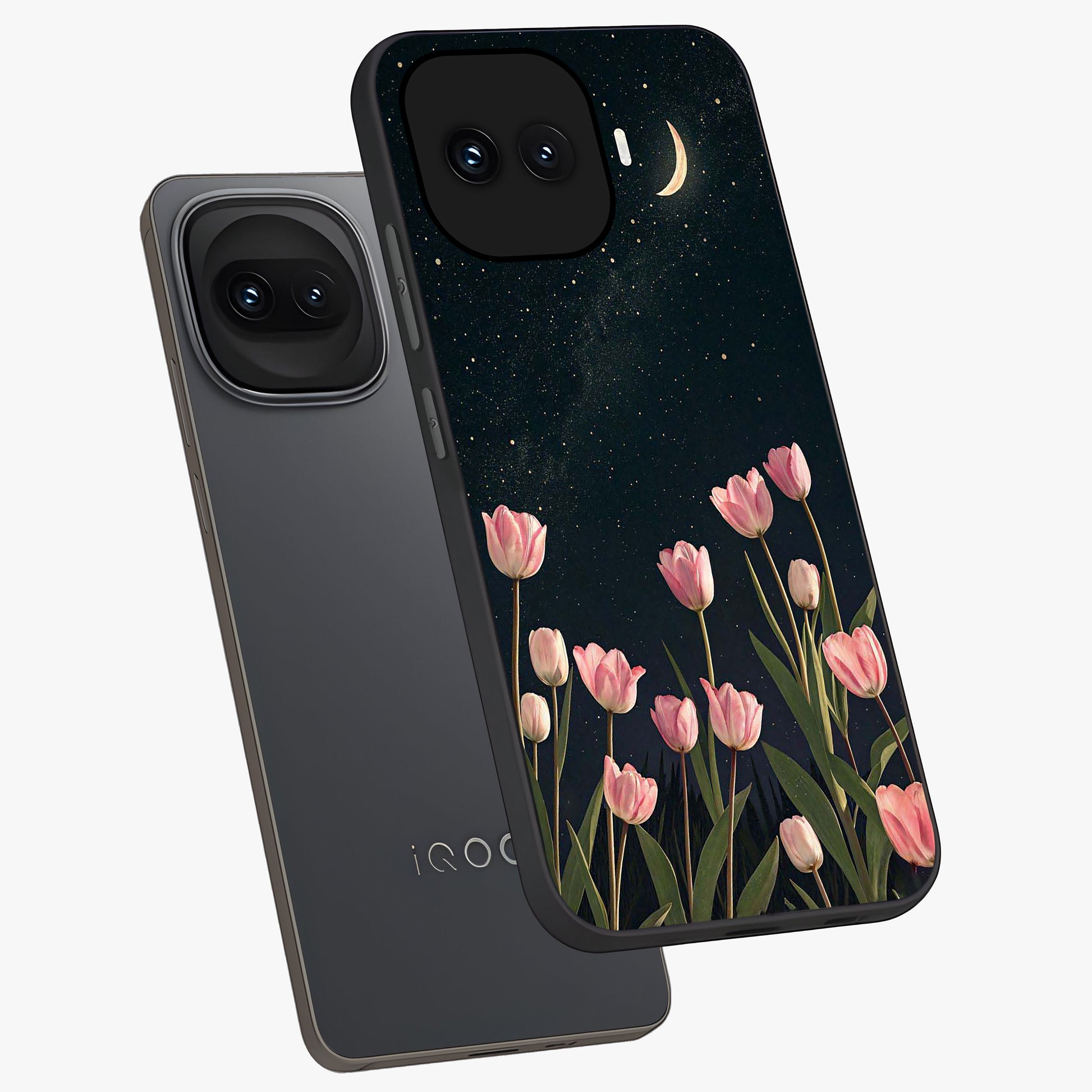 Midnight Tulip Whispers Vibe Glass Case displayed in angled mockup highlighting delicate tulip design with midnight floral aesthetic.