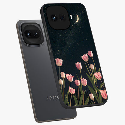 Midnight Tulip Whispers Vibe Glass Case displayed in angled mockup highlighting delicate tulip design with midnight floral aesthetic.