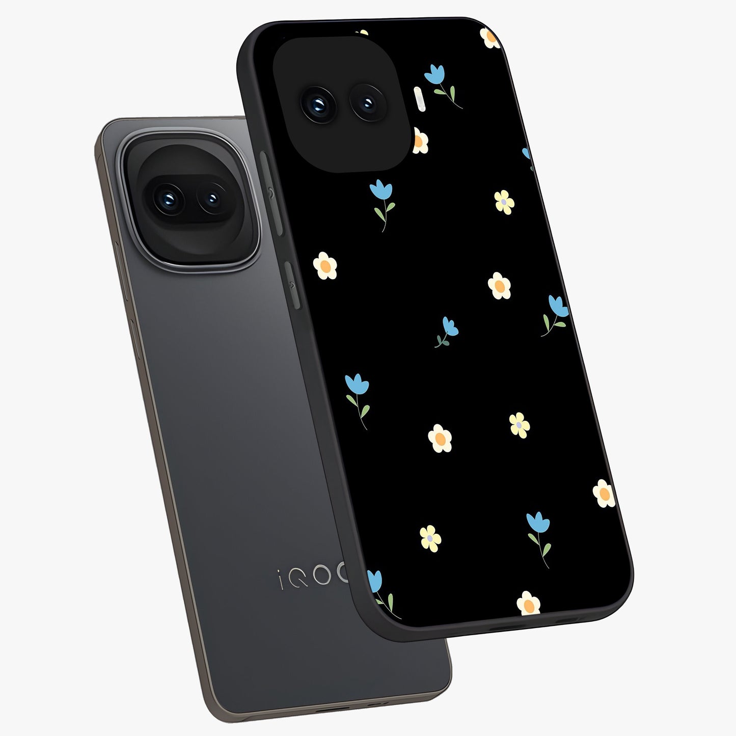 Minimal Petal Whispers Glass Case displayed in angled mockup highlighting delicate petal design with clean minimal aesthetic.