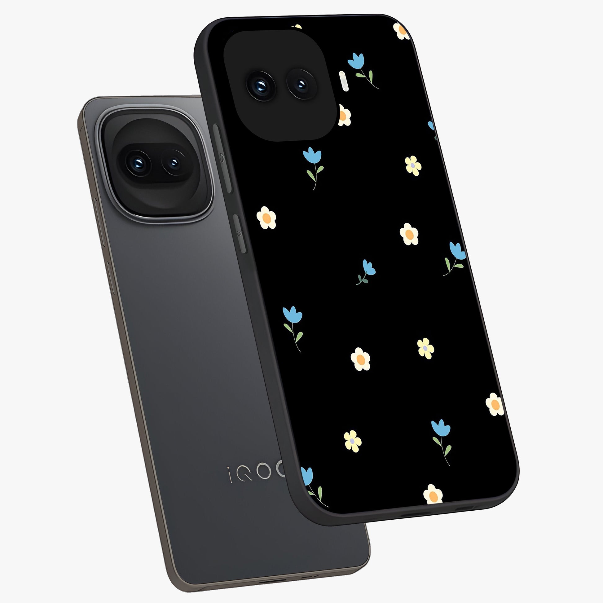 Minimal Petal Whispers Glass Case displayed in angled mockup highlighting delicate petal design with clean minimal aesthetic.