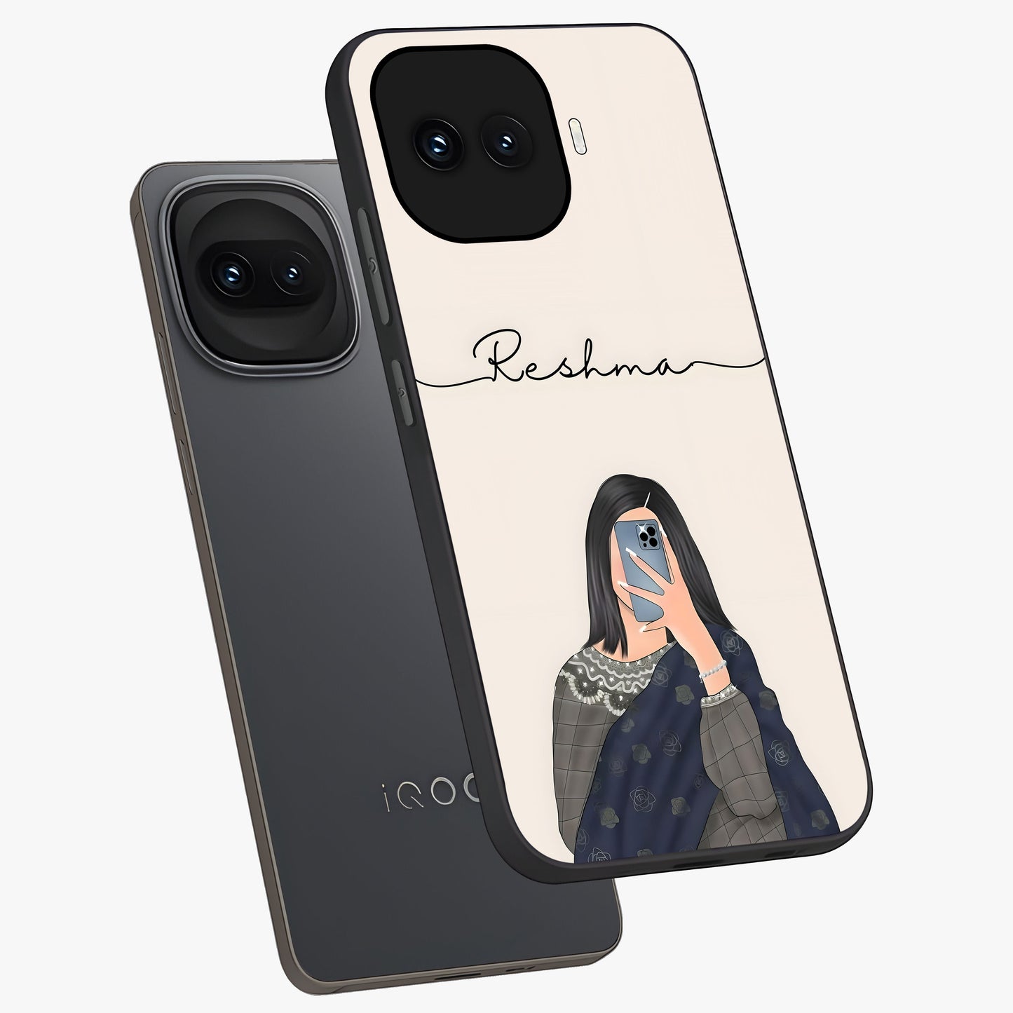 Mirror Mood Muse With Custom Name Glass Case displayed in angled mockup highlighting aesthetic mirror inspired design with custom name feature.