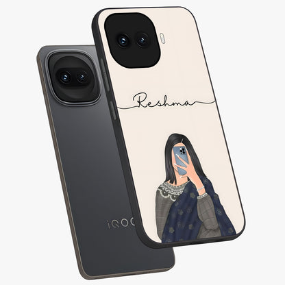 Mirror Mood Muse With Custom Name Glass Case displayed in angled mockup highlighting aesthetic mirror inspired design with custom name feature.