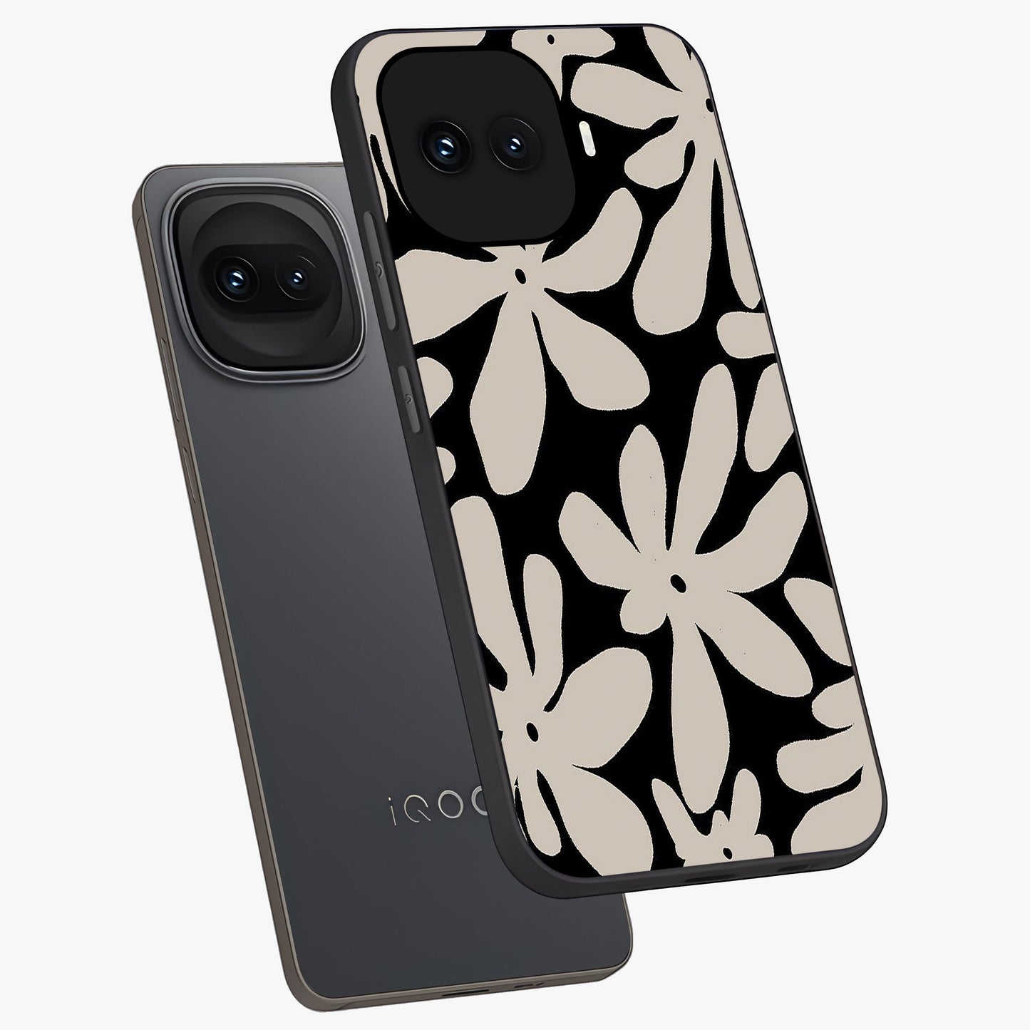 Monochrome Petal Dance Glass Case displayed in angled mockup highlighting elegant petal design with black and white aesthetic.