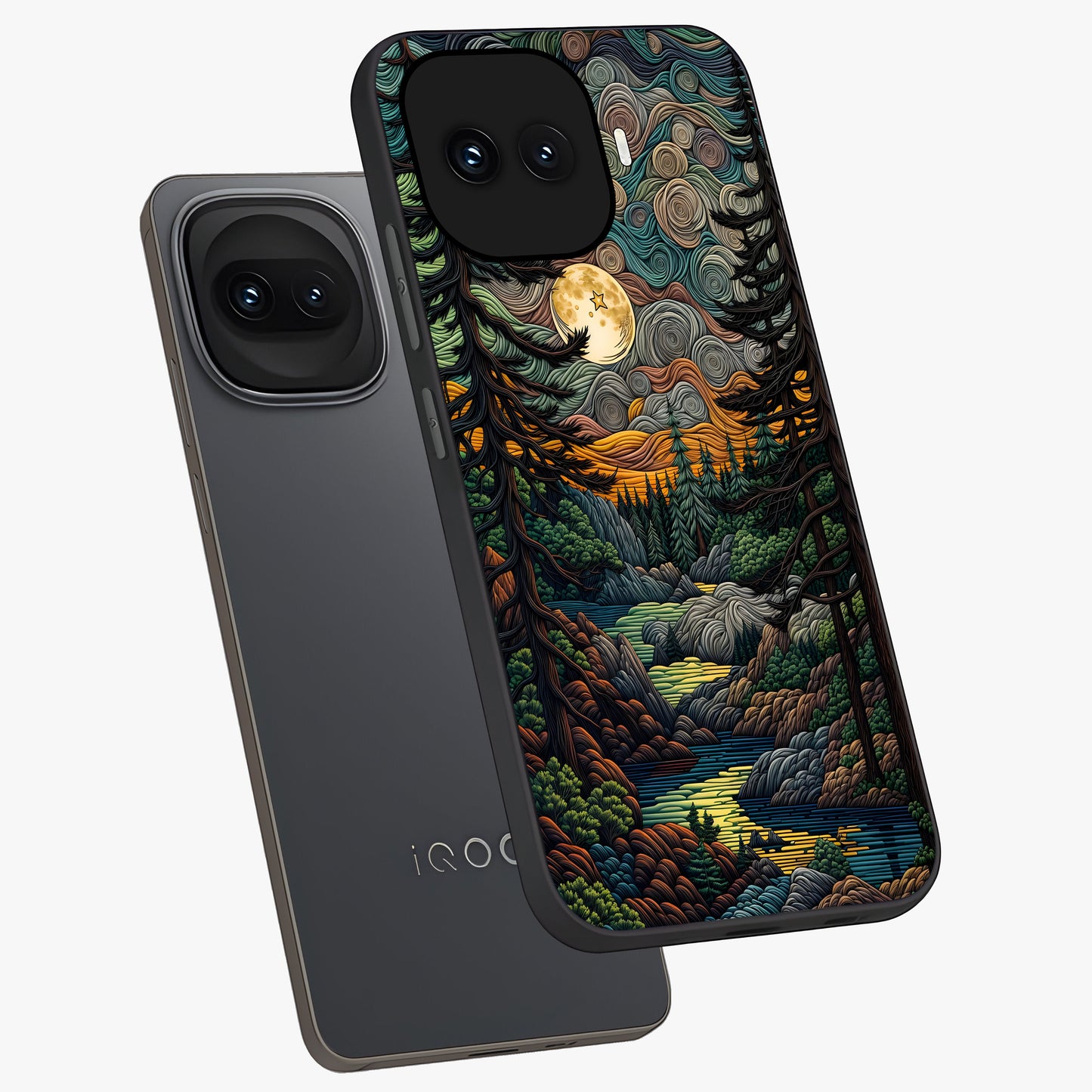 Moonlight Forest Dream Glass Case displayed in angled mockup highlighting dreamy forest design with glowing moon aesthetic.