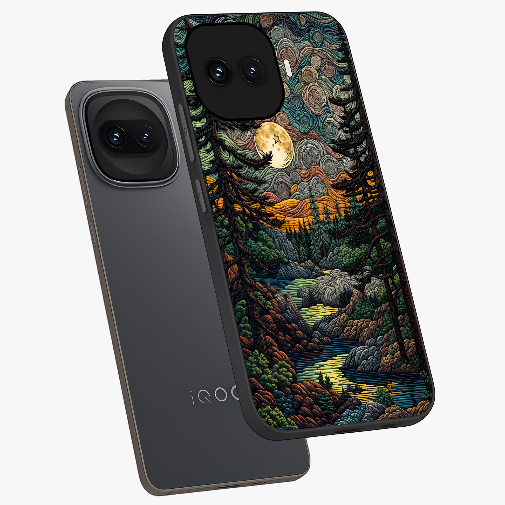 Moonlight Forest Dream Glass Case displayed in angled mockup highlighting dreamy forest design with glowing moon aesthetic.