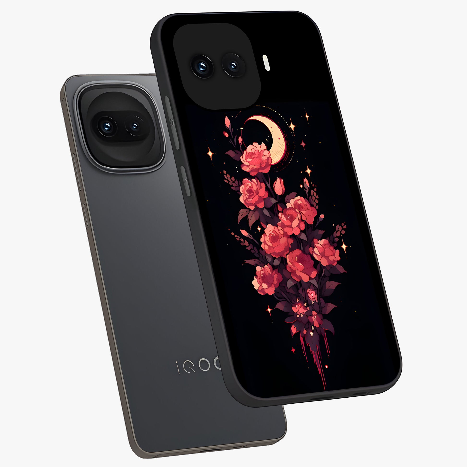 Moonlit Floral Elegance Glass Case displayed in angled mockup highlighting graceful flower design with soft moonlight aesthetic.