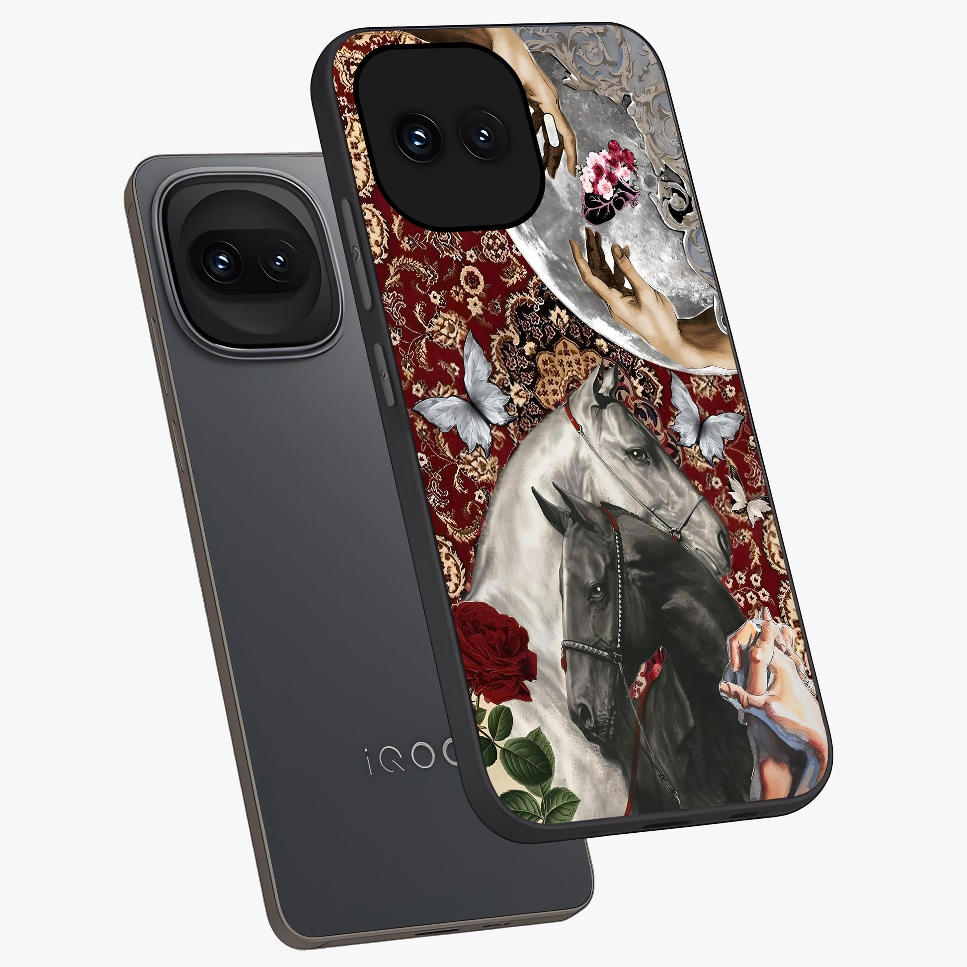 Moonlit Royal Stallion Glass Case displayed in angled mockup highlighting powerful stallion illustration with royal night aesthetic.