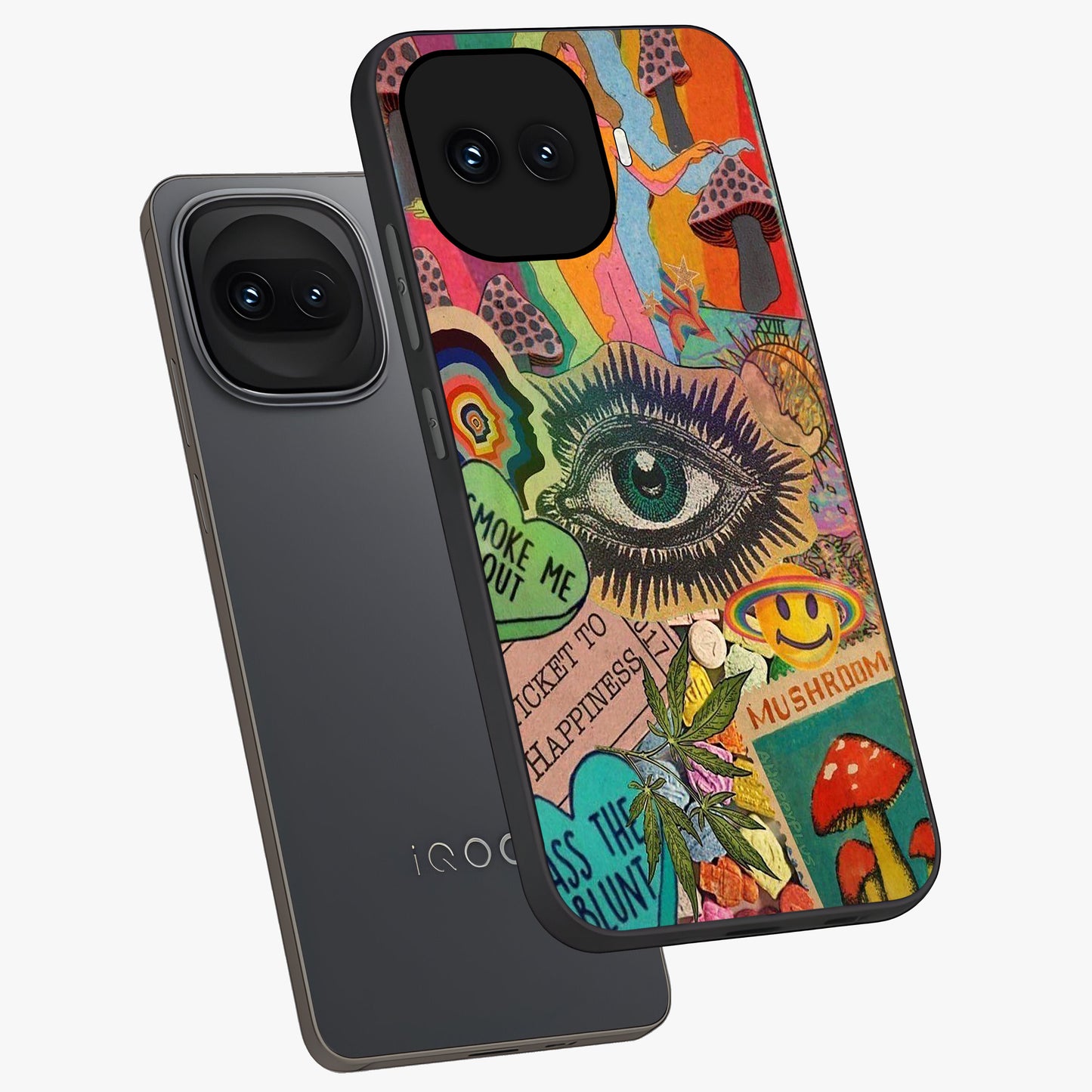 Mystic Eye Wonderland Glass Case displayed in angled mockup highlighting magical eye illustration with dreamy aesthetic.
