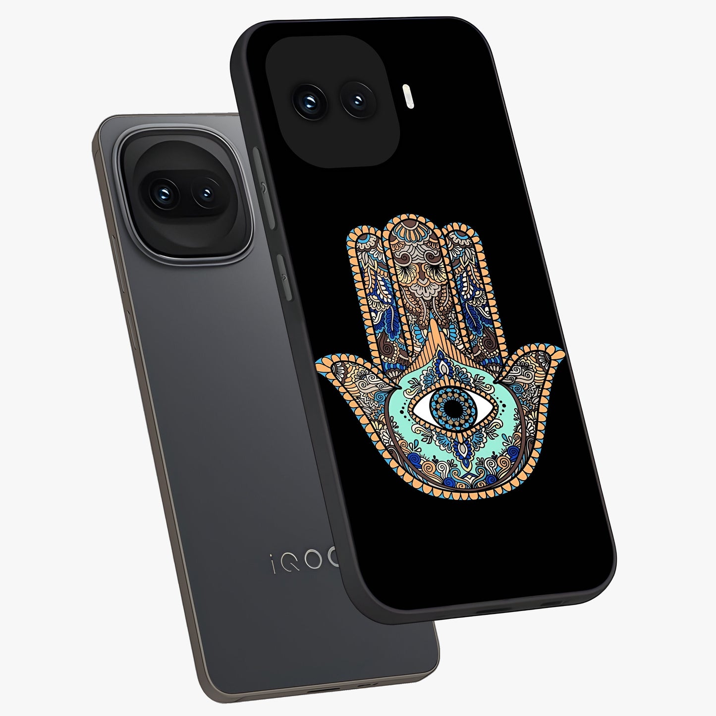 Mystic Hamsa Eye Glass Case displayed in angled mockup highlighting spiritual hamsa symbol with mystical aesthetic style.