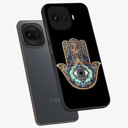 Mystic Hamsa Eye Glass Case displayed in angled mockup highlighting spiritual hamsa symbol with mystical aesthetic style.
