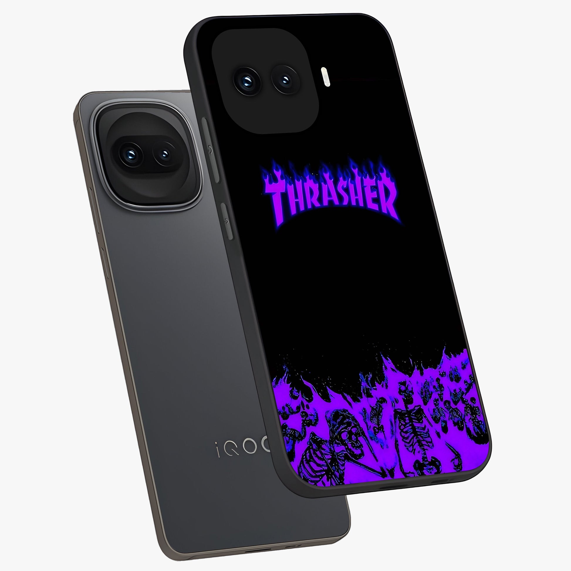 Neon Flame Riot Glass Case displayed in angled mockup highlighting glowing flame design with vibrant neon aesthetic.
