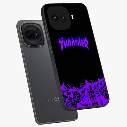 Neon Flame Riot Glass Case displayed in angled mockup highlighting glowing flame design with vibrant neon aesthetic.