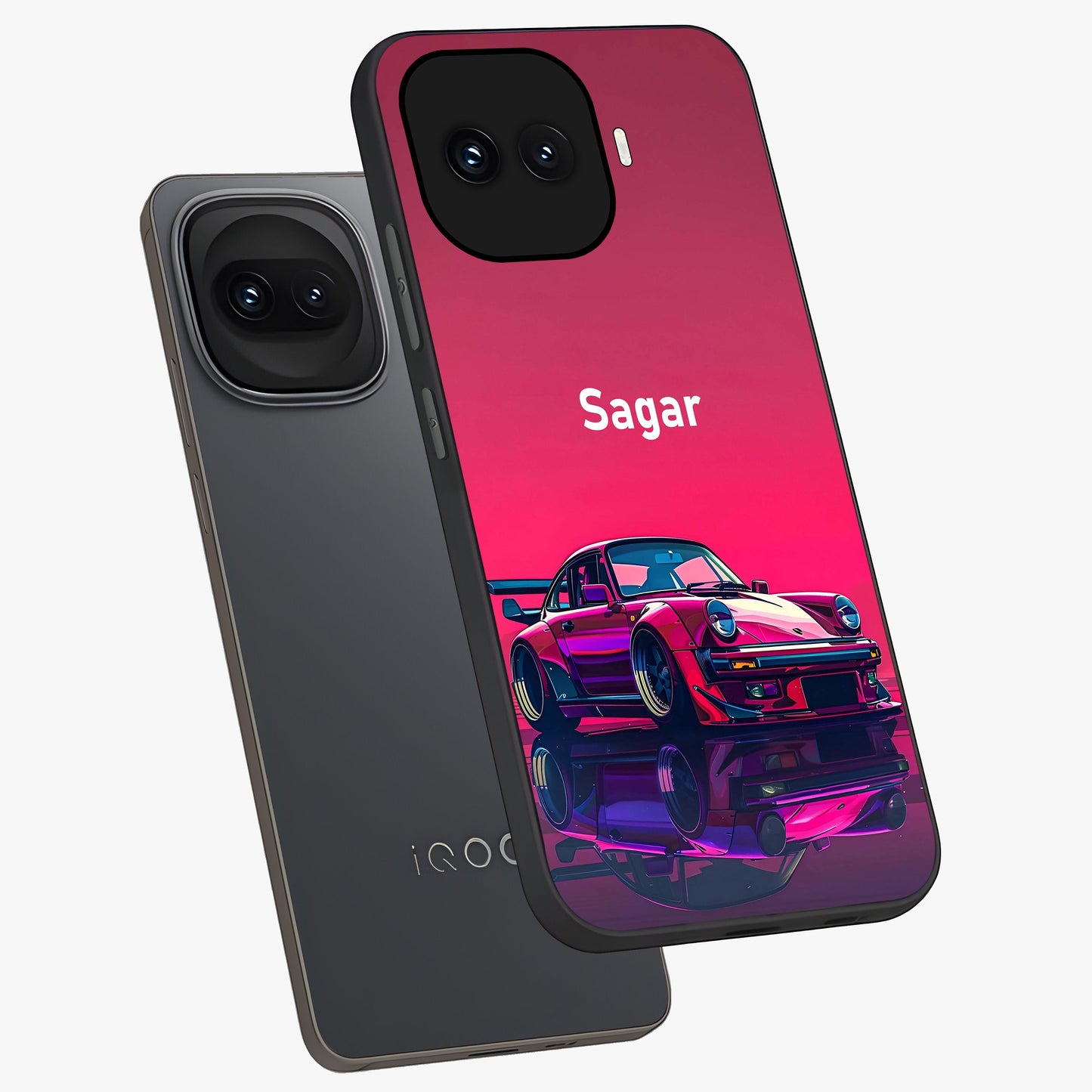 Neon Pink Porsche Glass Case displayed in angled mockup highlighting sleek neon pink car design with racing aesthetic.