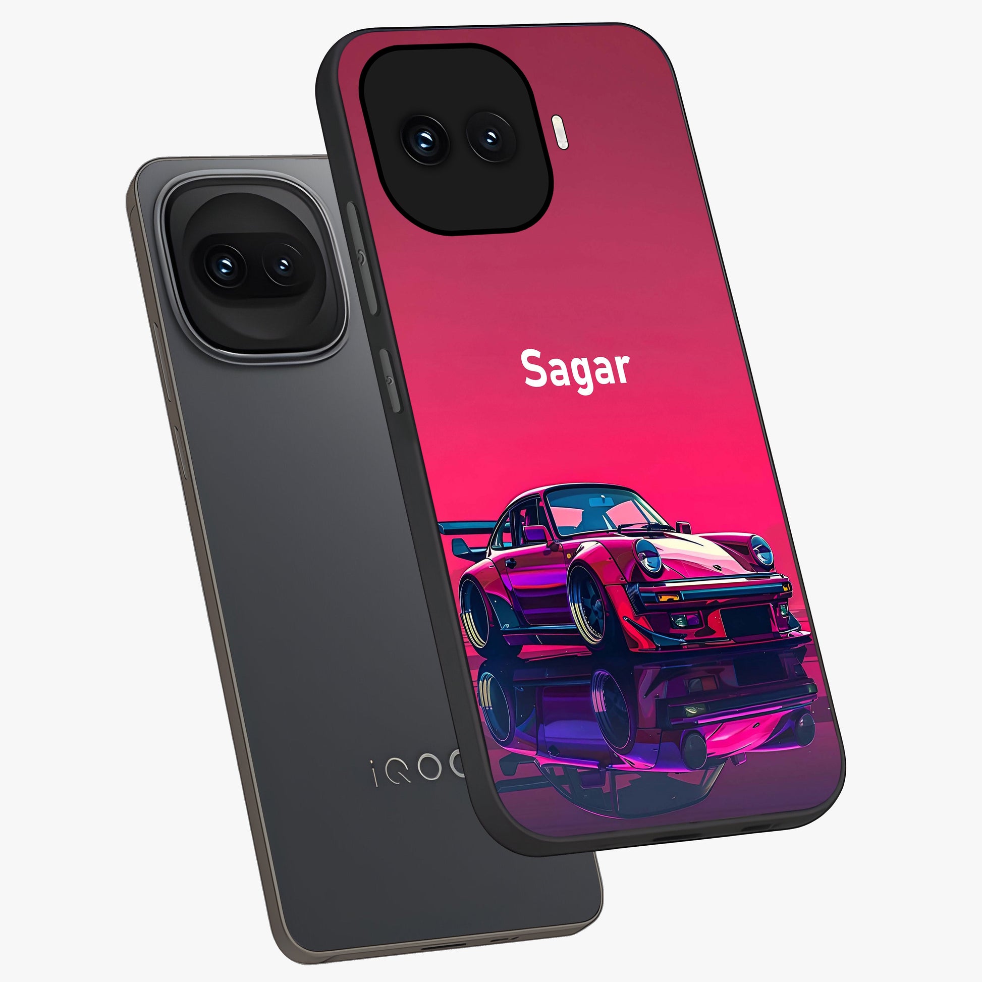 Neon Pink Porsche Glass Case displayed in angled mockup highlighting sleek neon pink car design with racing aesthetic.
